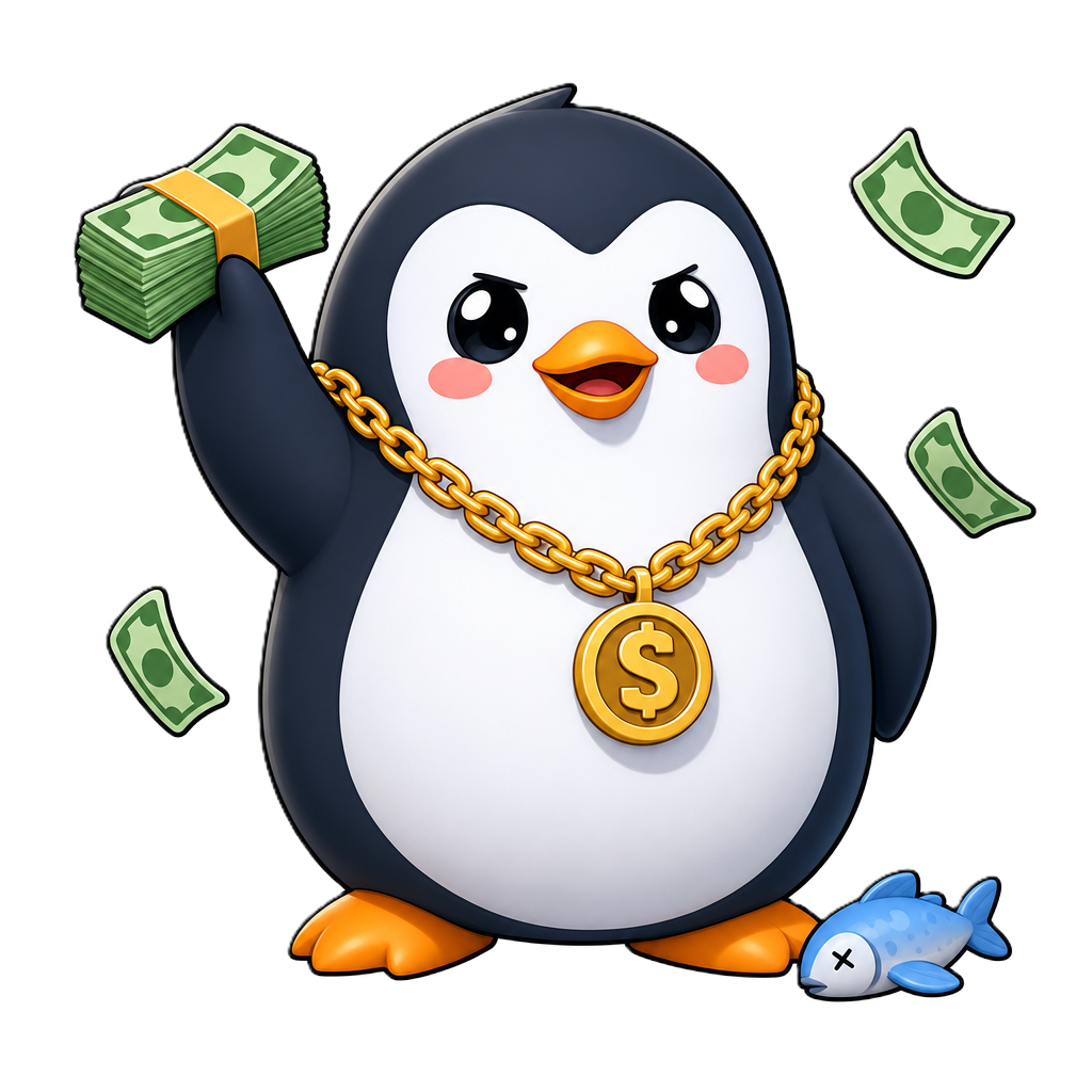 CashPengu mascot — a chubby penguin holding a fat stack of cash