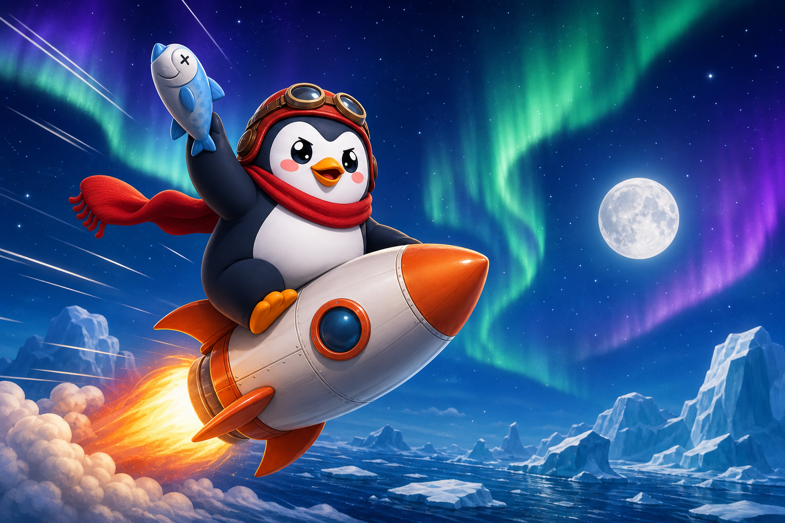 The penguin riding a rocket over the icebergs under the aurora