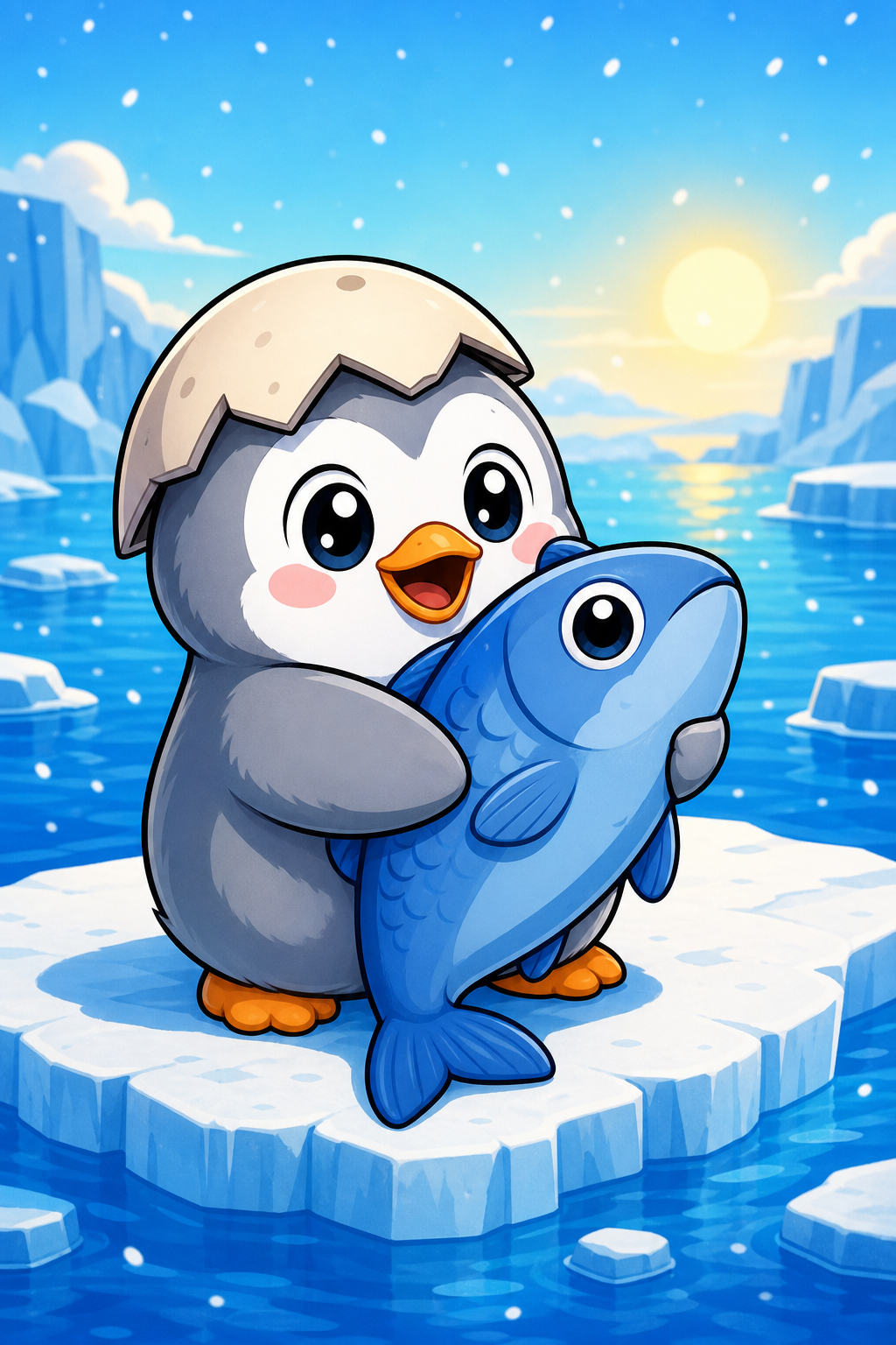 A cute baby penguin with an eggshell hat hugging a giant fish on the ice