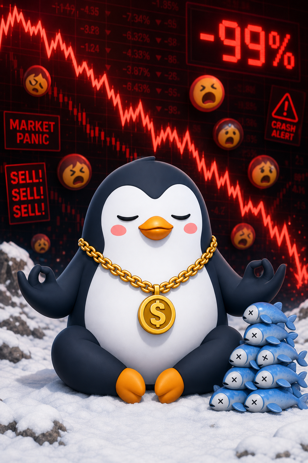 A zen penguin meditating calmly next to a stack of fish while a red chart crashes behind