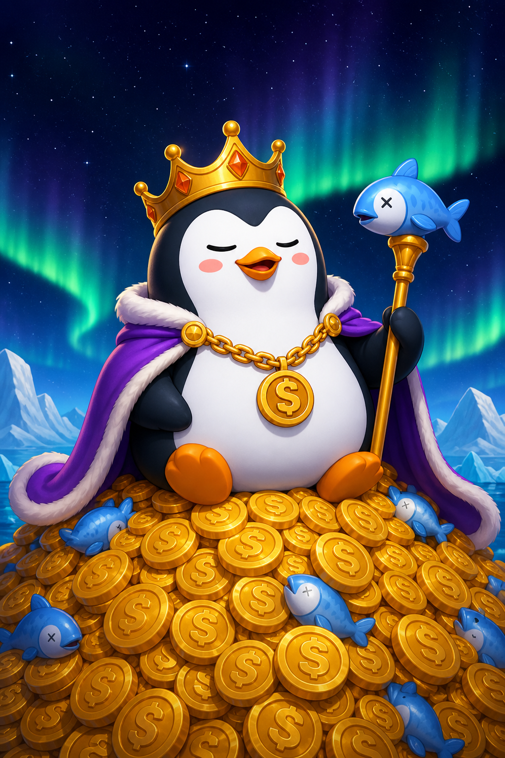 An emperor penguin with a golden crown on top of a mountain of coins and fish